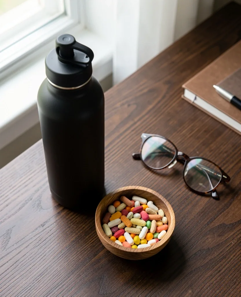 Morning desk with water and supplement capsules