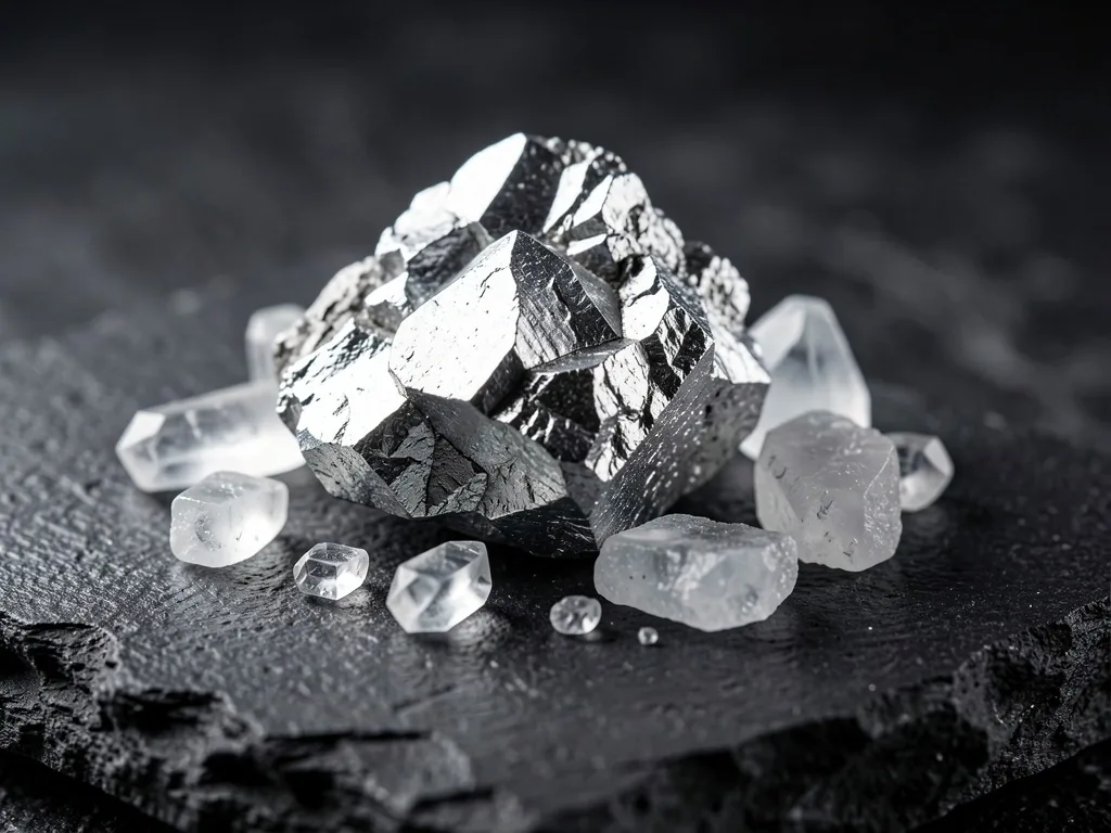 Raw mineral crystals on dark surface