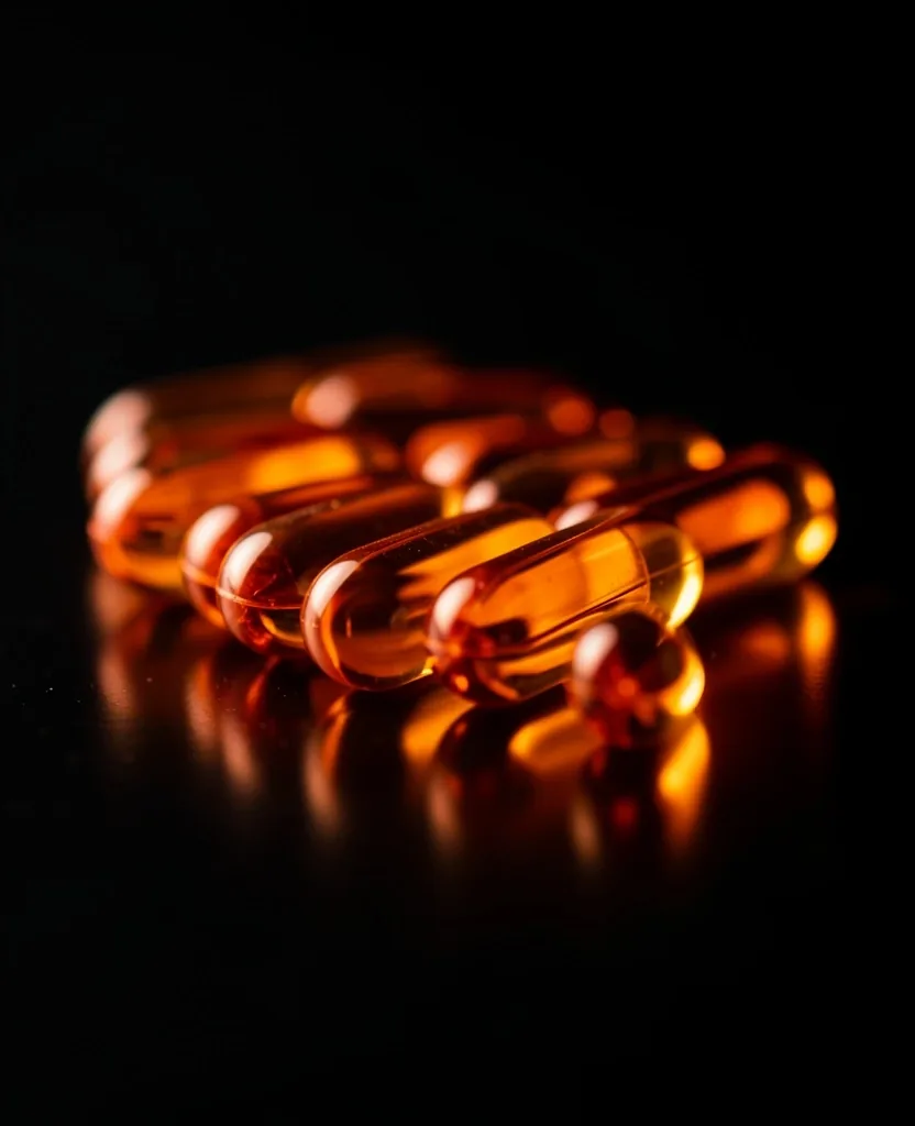 Natural supplement capsules in low-key lighting