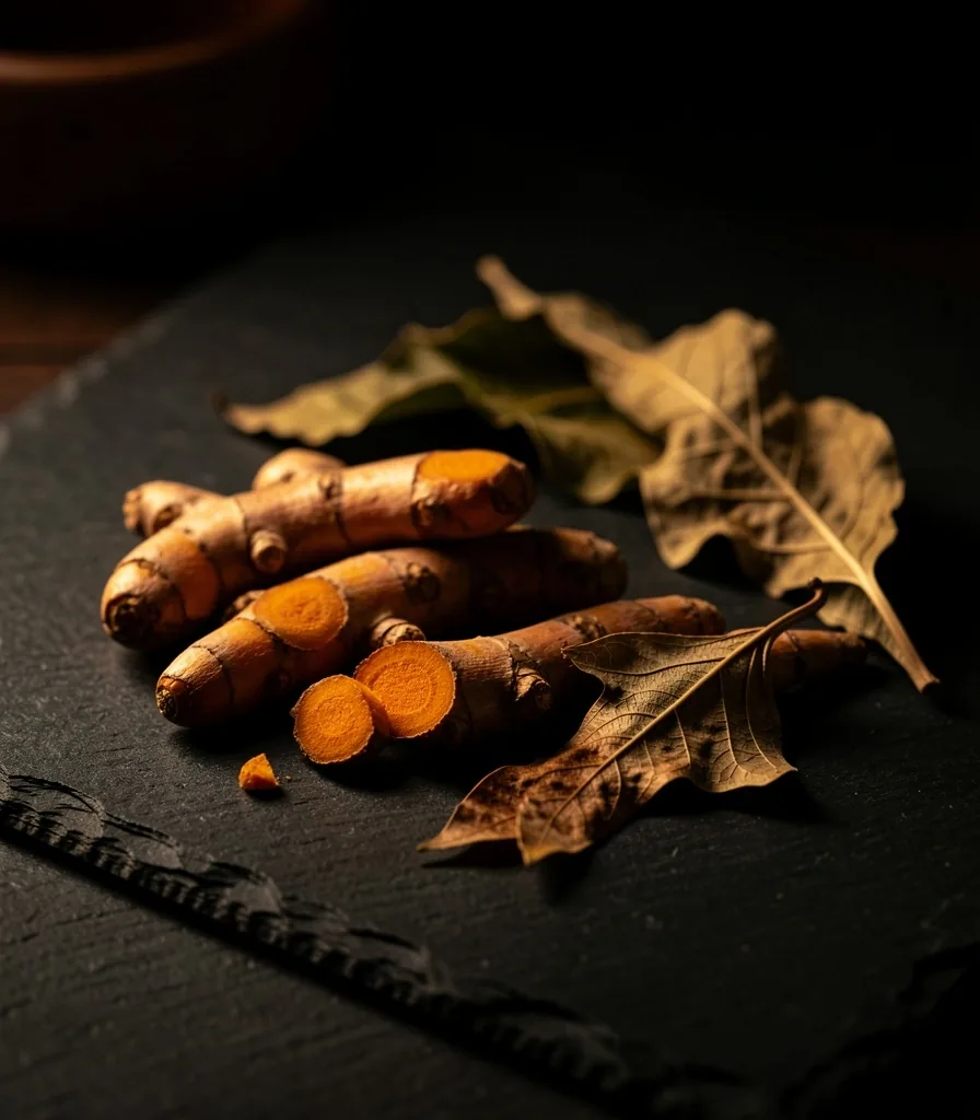 Traditional Indonesian botanical ingredients on a dark surface