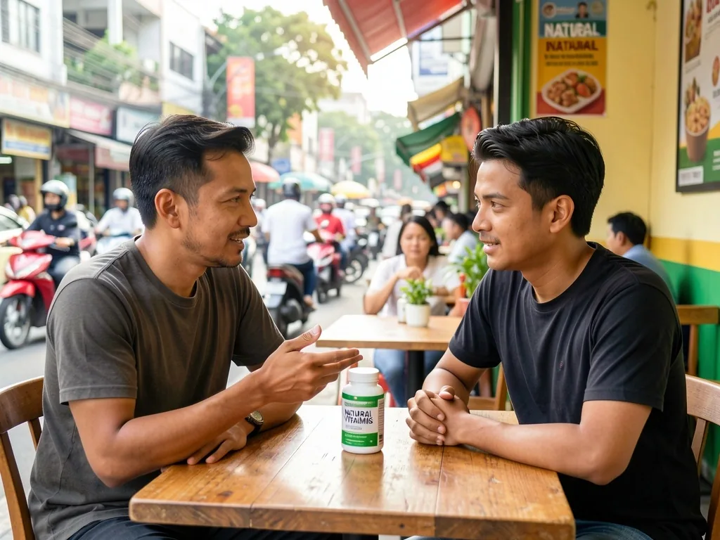 Two men discussing wellness goals at a cafe
