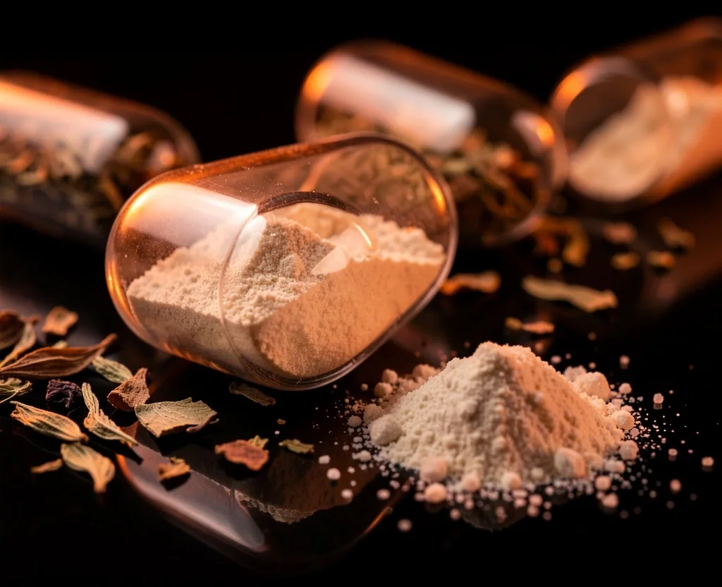 Capsules with botanical powder on dark surface