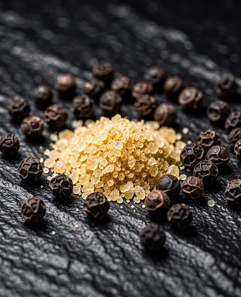 Raw botanical and mineral ingredients on dark surface