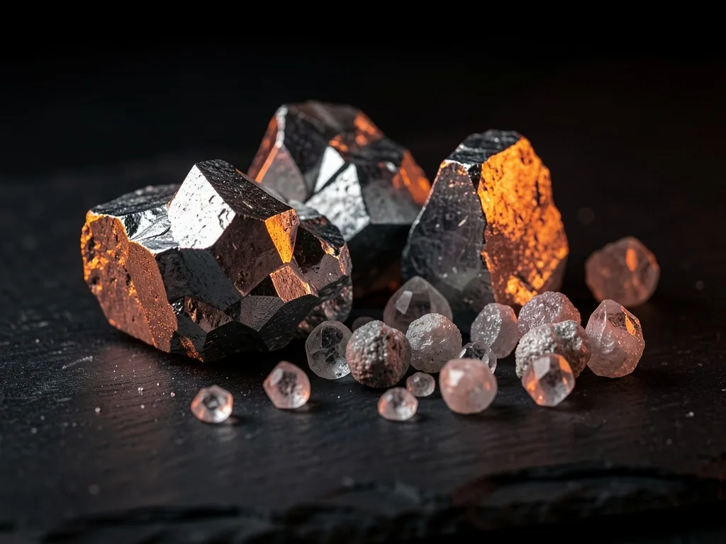 Raw mineral crystals on dark surface