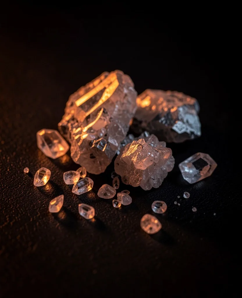Raw mineral crystals on dark surface